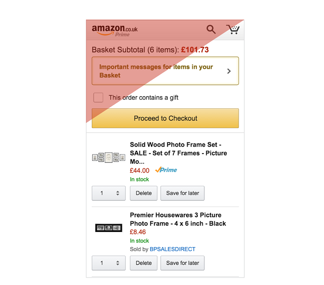 Screenshot del checkout da mobile dell'e-commerce di Amazon